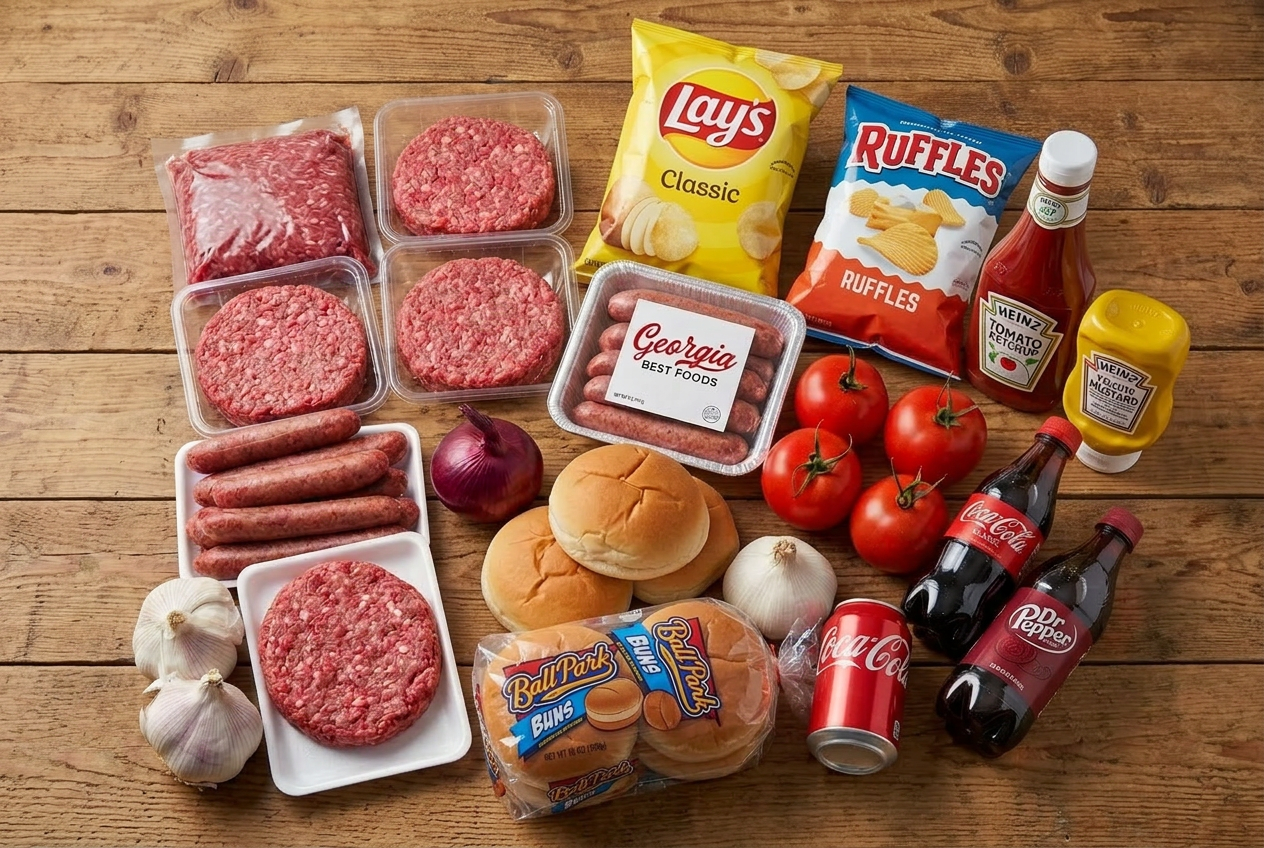 Fourth of July cookout bundle spread of meats, buns, produce and drinks